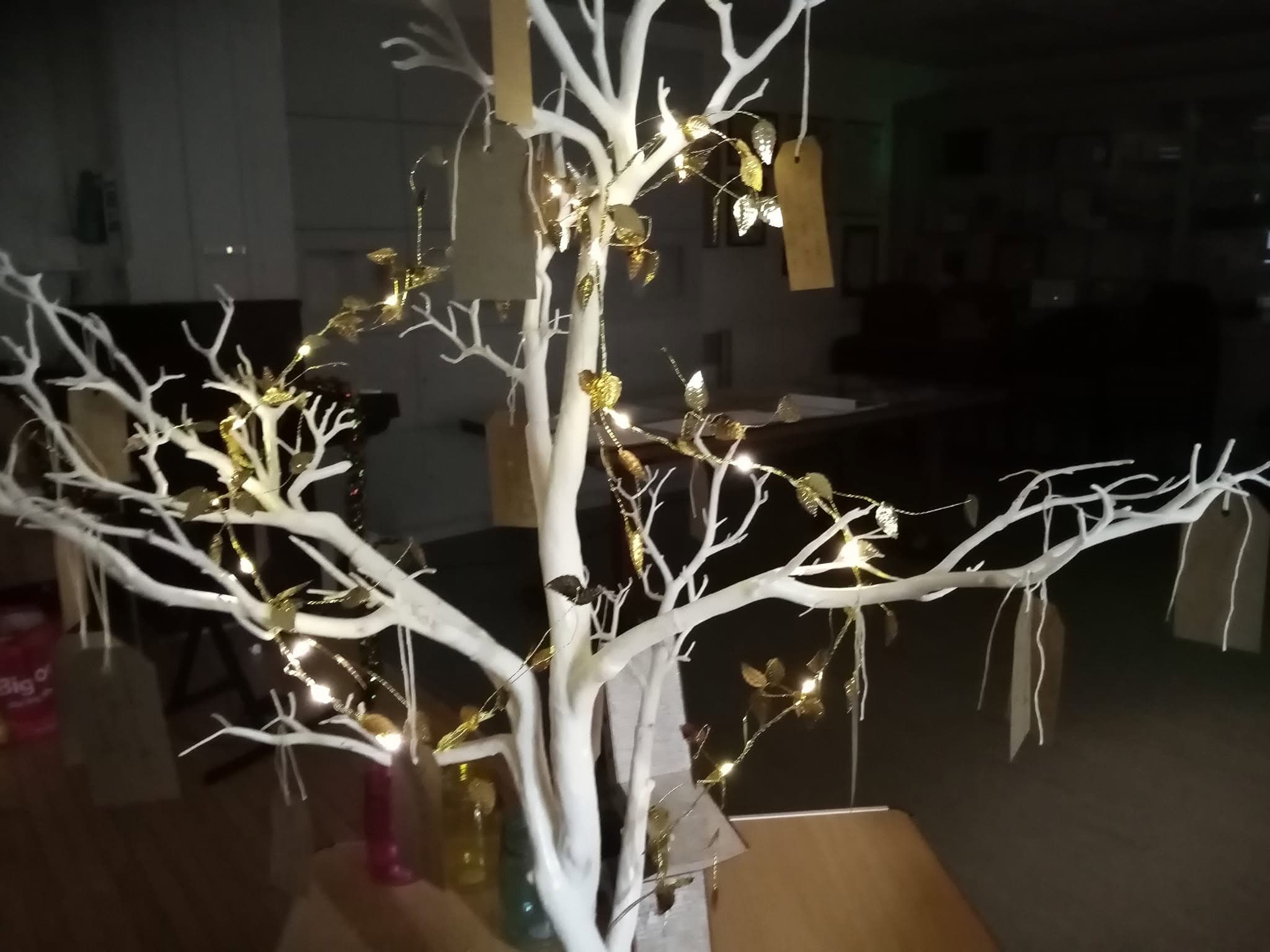A lit prayer tree hung with paper tags